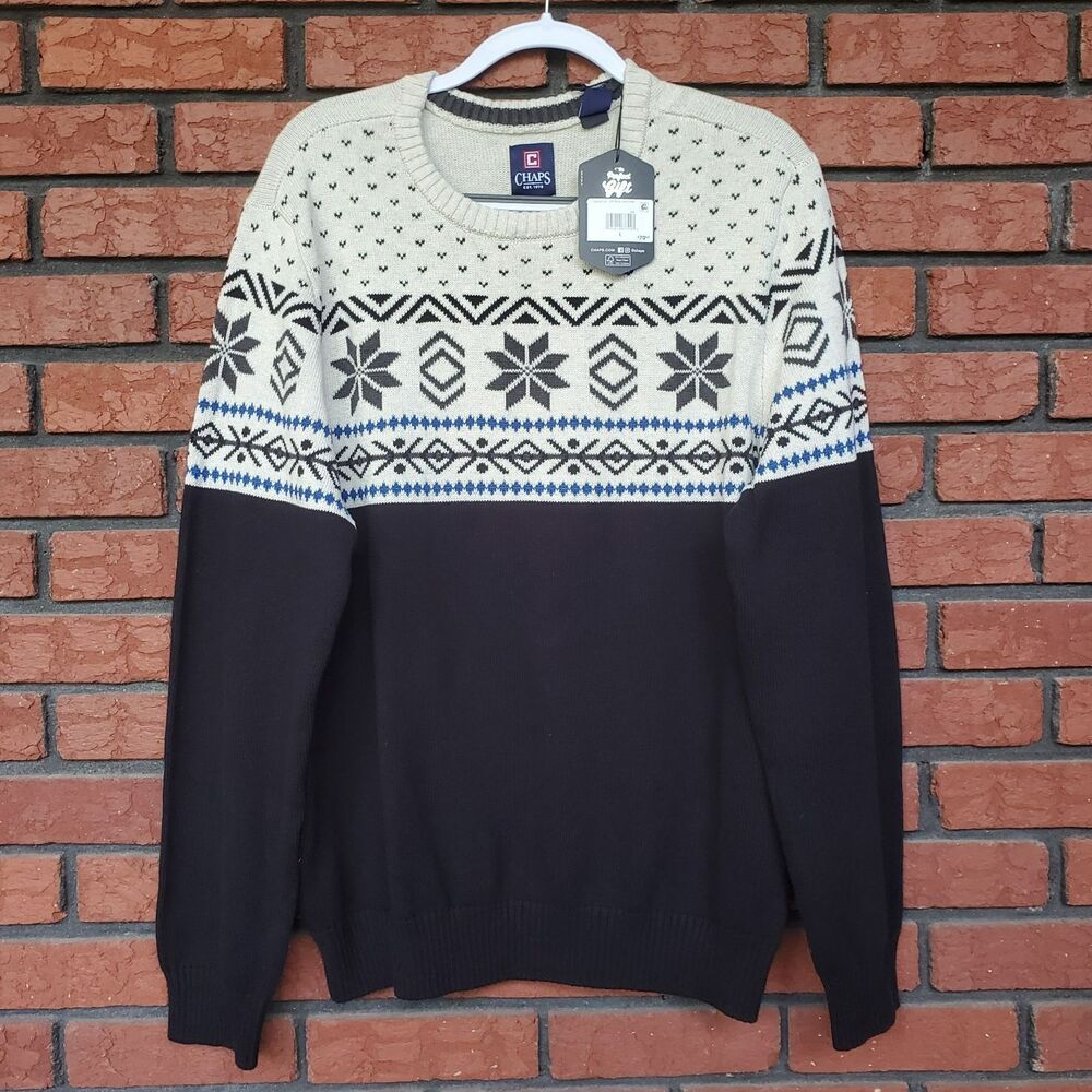 NEW Chaps Fair Isle Crew Neck Sweater Mens L Black Snowflake Cotton Pullover
